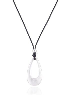 Women's Brushed Silver Teardrop Pendant Long Adjustable Brown Cord Necklace
